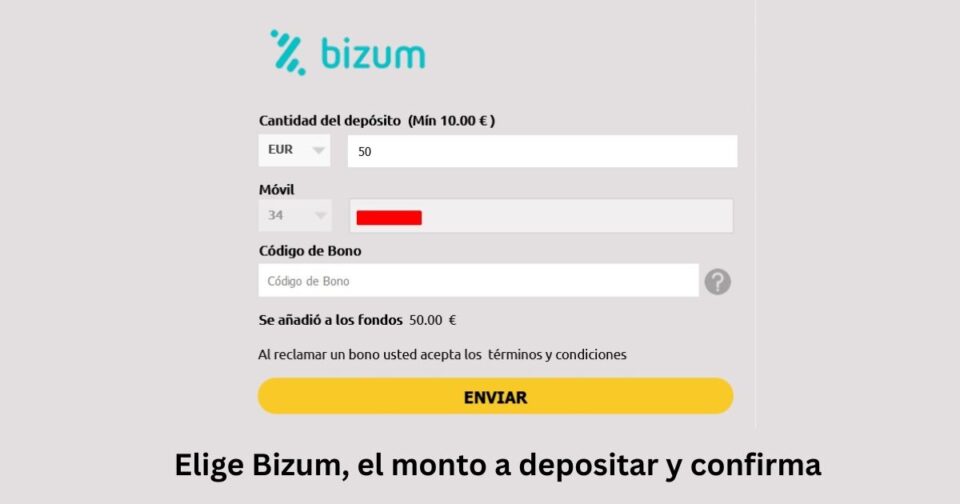 paso 3 - indica el monto a depositar en el casino con bizum
