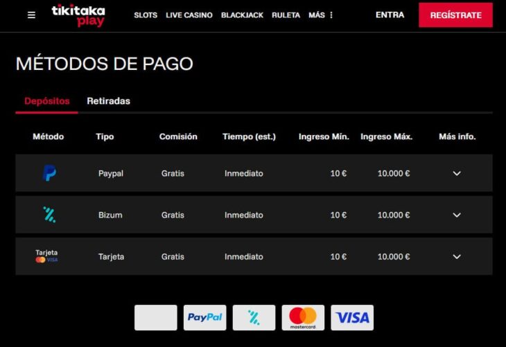 Métodos de pago en TikiTaka Play
