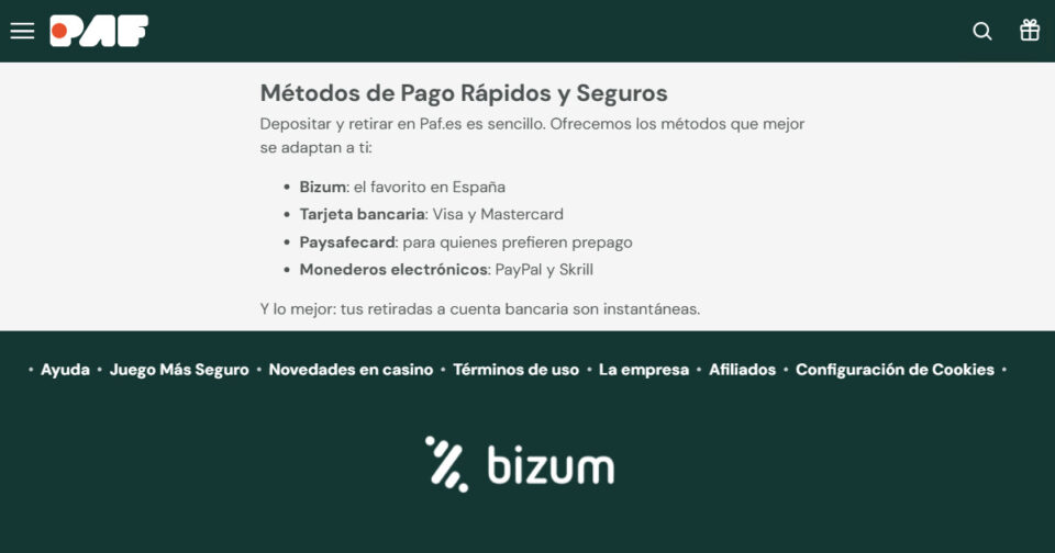 Paf Casino Bizum